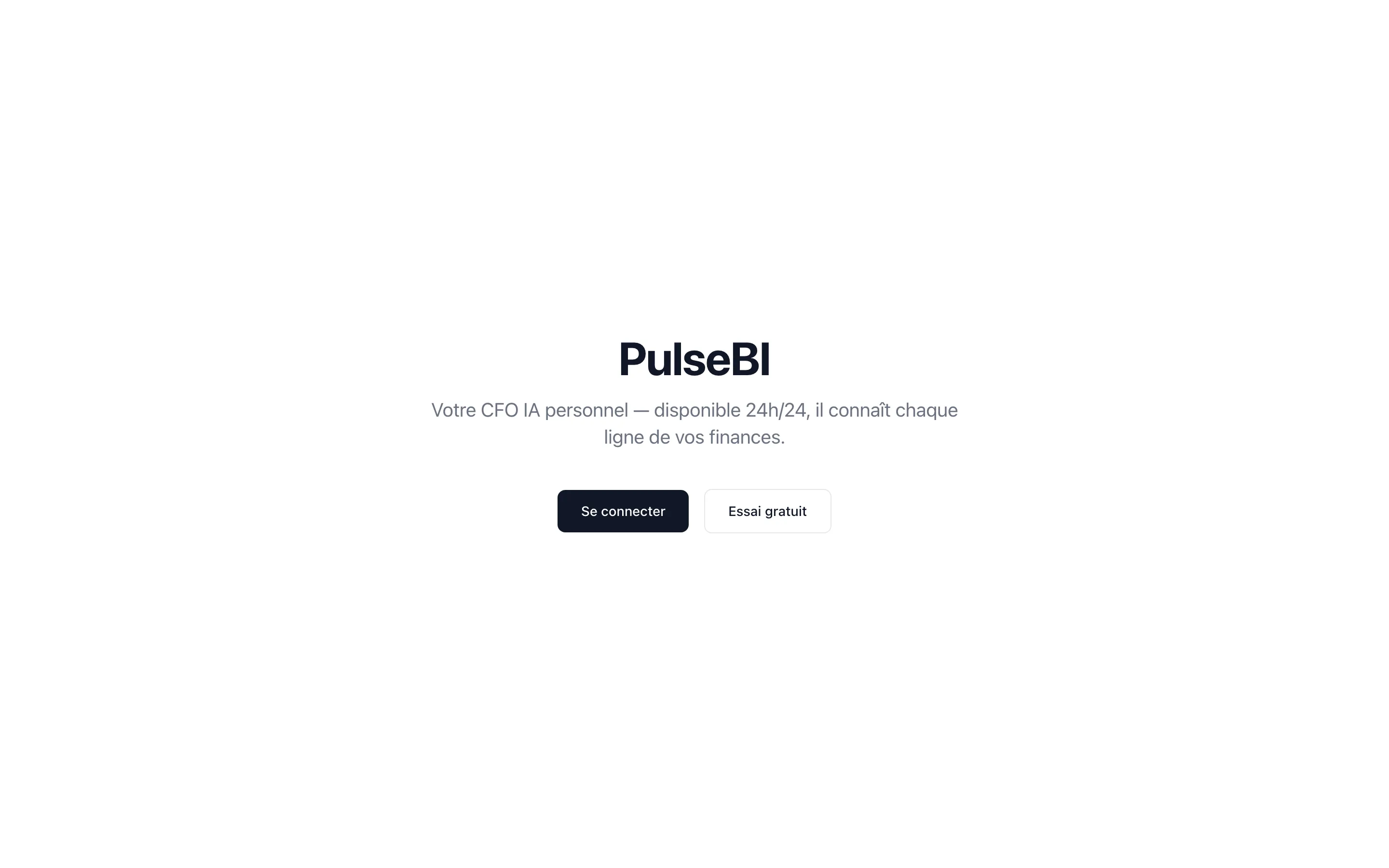 PulseBI : page d'accueil « Votre CFO IA personnel » avec connexion et essai gratuit