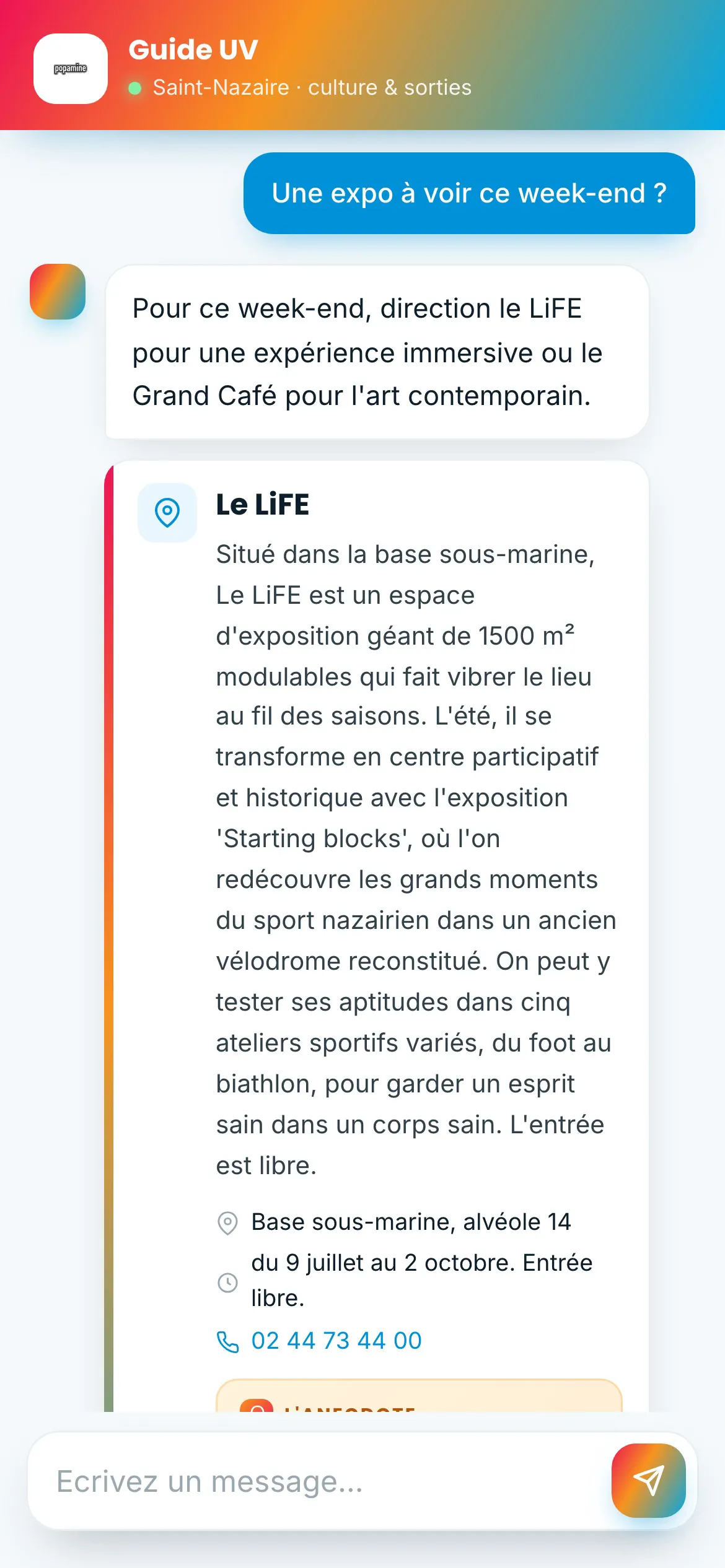 Guide UV sur mobile : une question sur les expositions du week-end, les fiches de lieux défilent