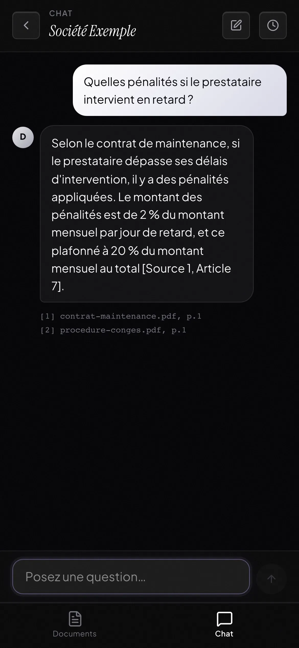 DOXA sur mobile : une question sur les pénalités de retard, la réponse cite l'article du contrat