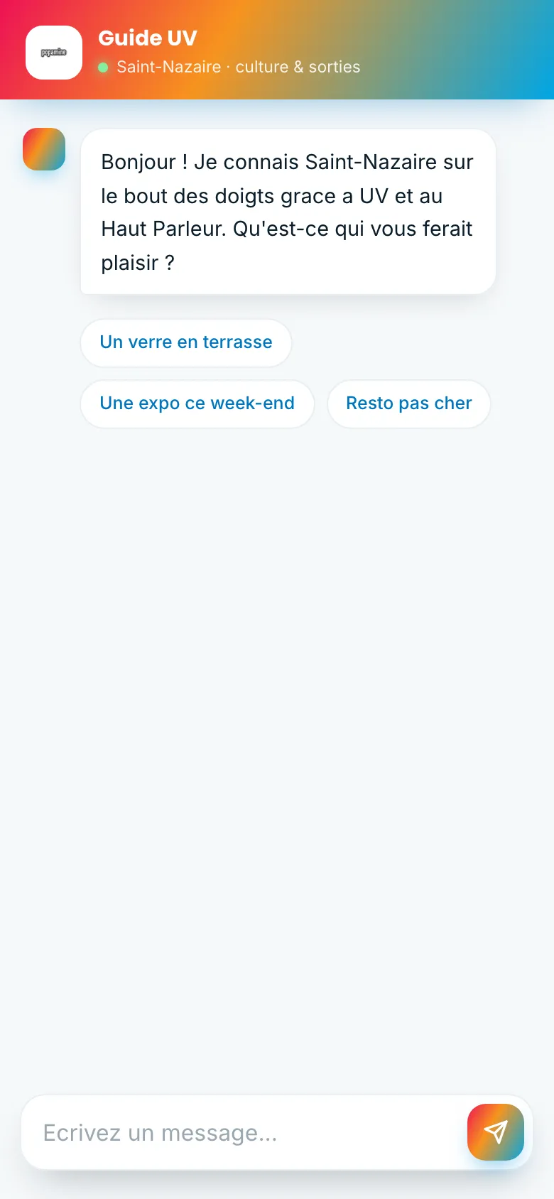 Guide UV sur mobile : message d'accueil et trois suggestions de questions