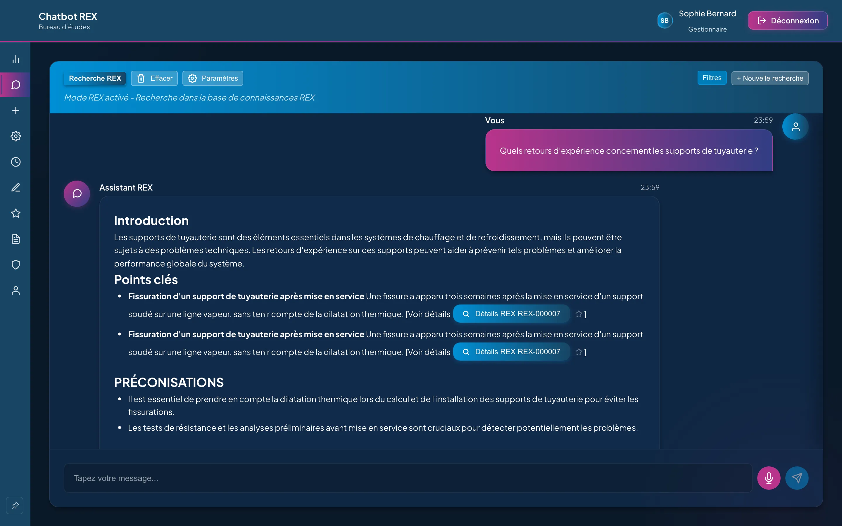 Conversation avec le chatbot REX : question sur les supports de tuyauterie, réponse en points clés avec lien vers la fiche source