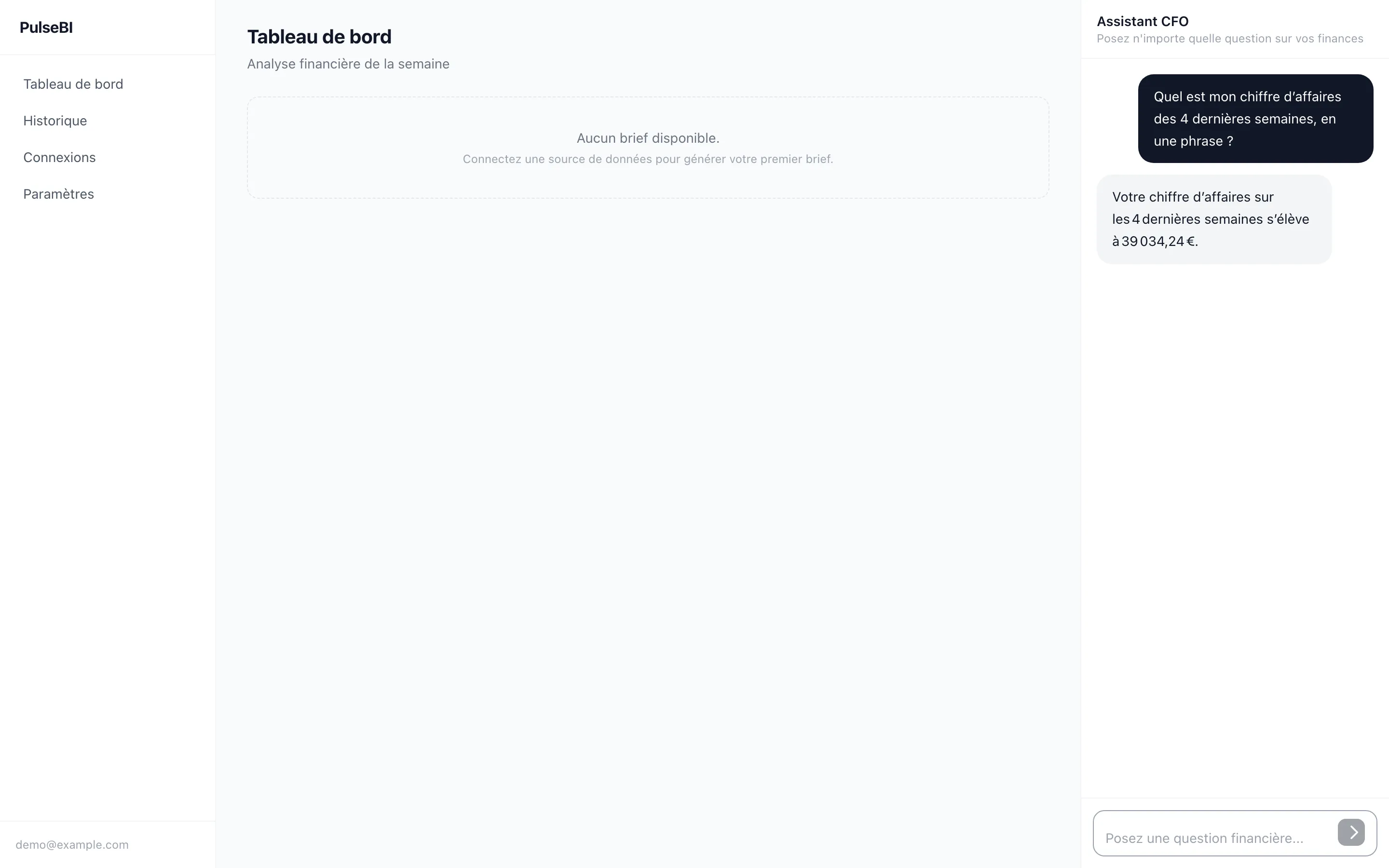 Tableau de bord PulseBI avec l'assistant CFO : question sur le chiffre d'affaires, réponse chiffrée calculée sur les données de l'entreprise