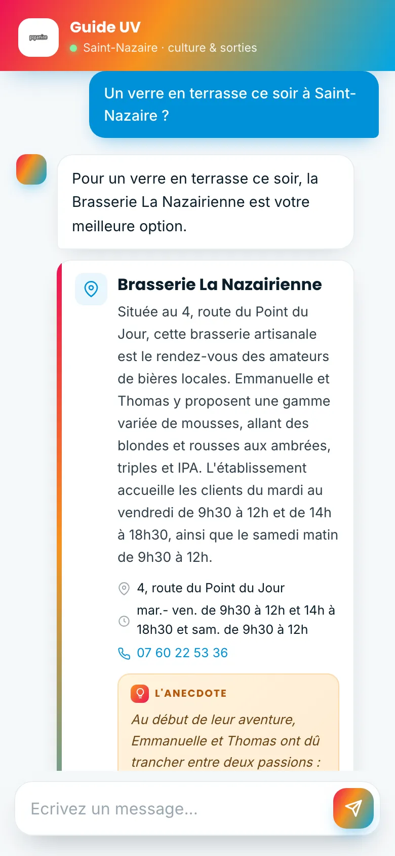 Réponse du guide UV : recommandation d'un lieu avec fiche, horaires, téléphone et anecdote tirée du magazine