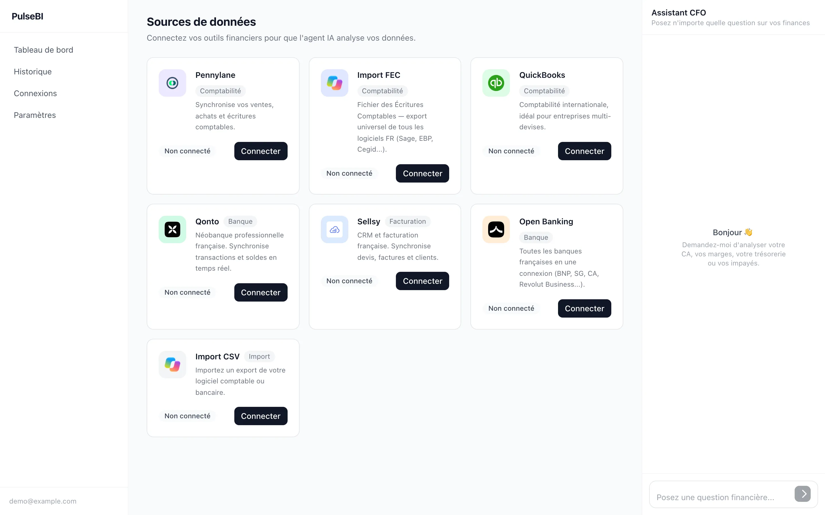 Sources de données PulseBI : Pennylane, import FEC, QuickBooks, Qonto, Sellsy, Open Banking, CSV