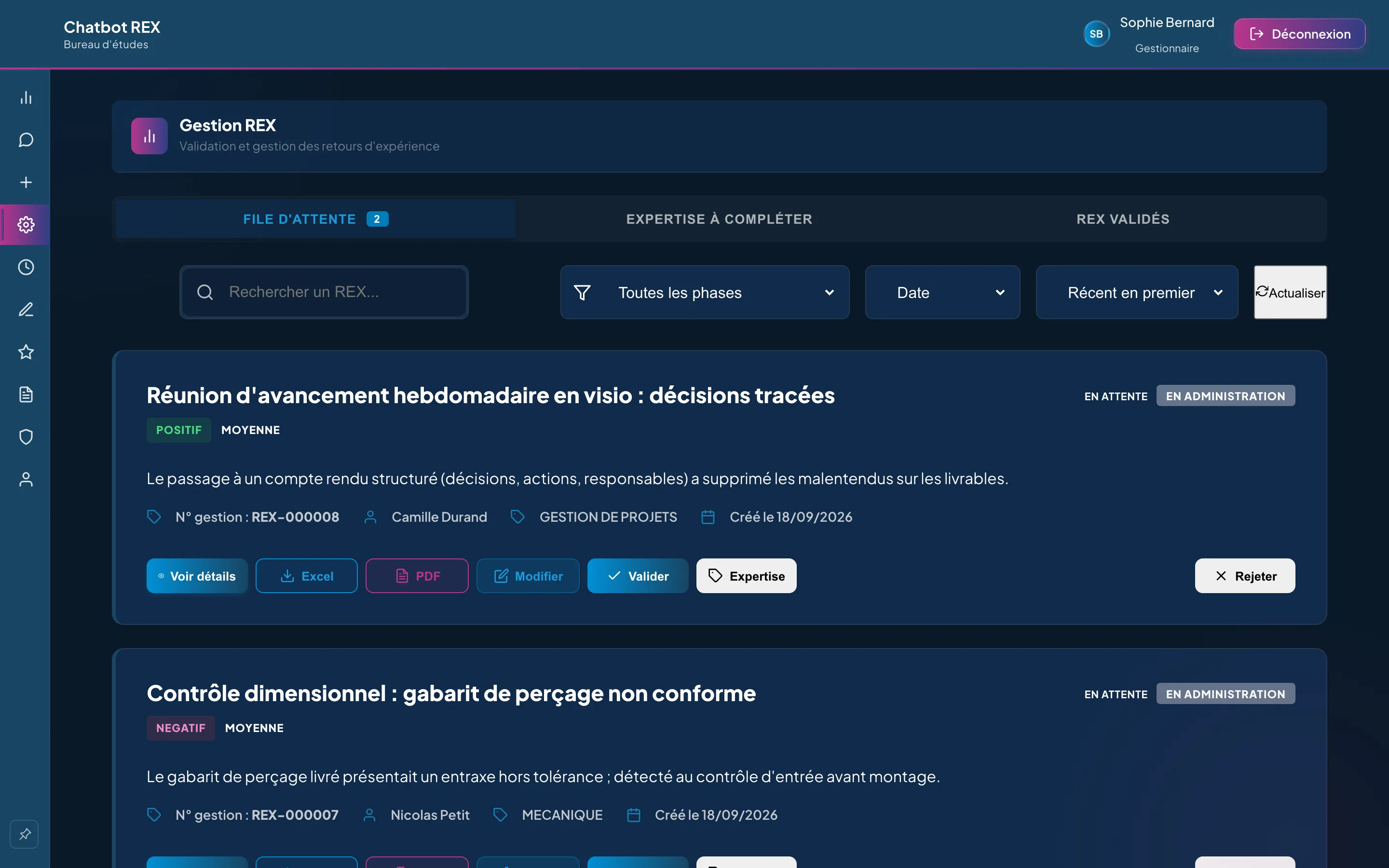 Gestion des REX : file d'attente de validation avec deux fiches en attente et leurs actions