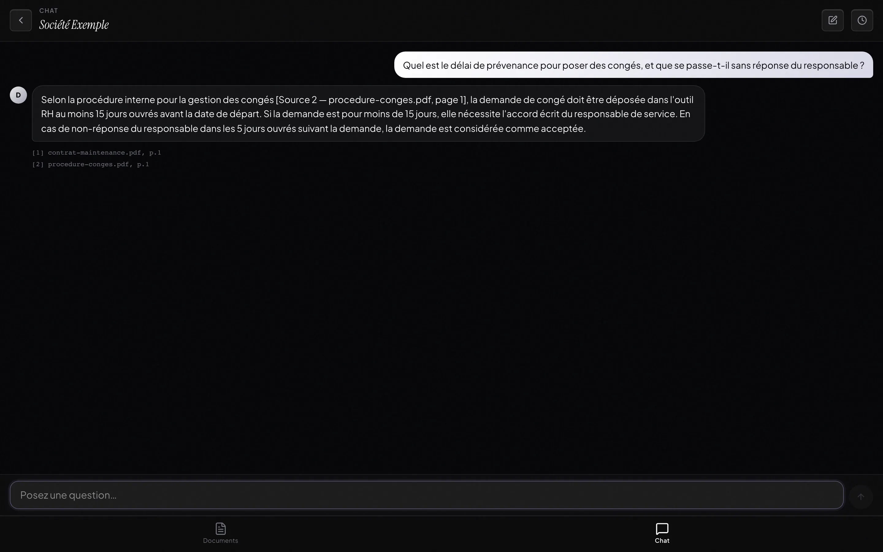 Chat DOXA : question sur la procédure de congés, réponse avec citation de la source et de la page