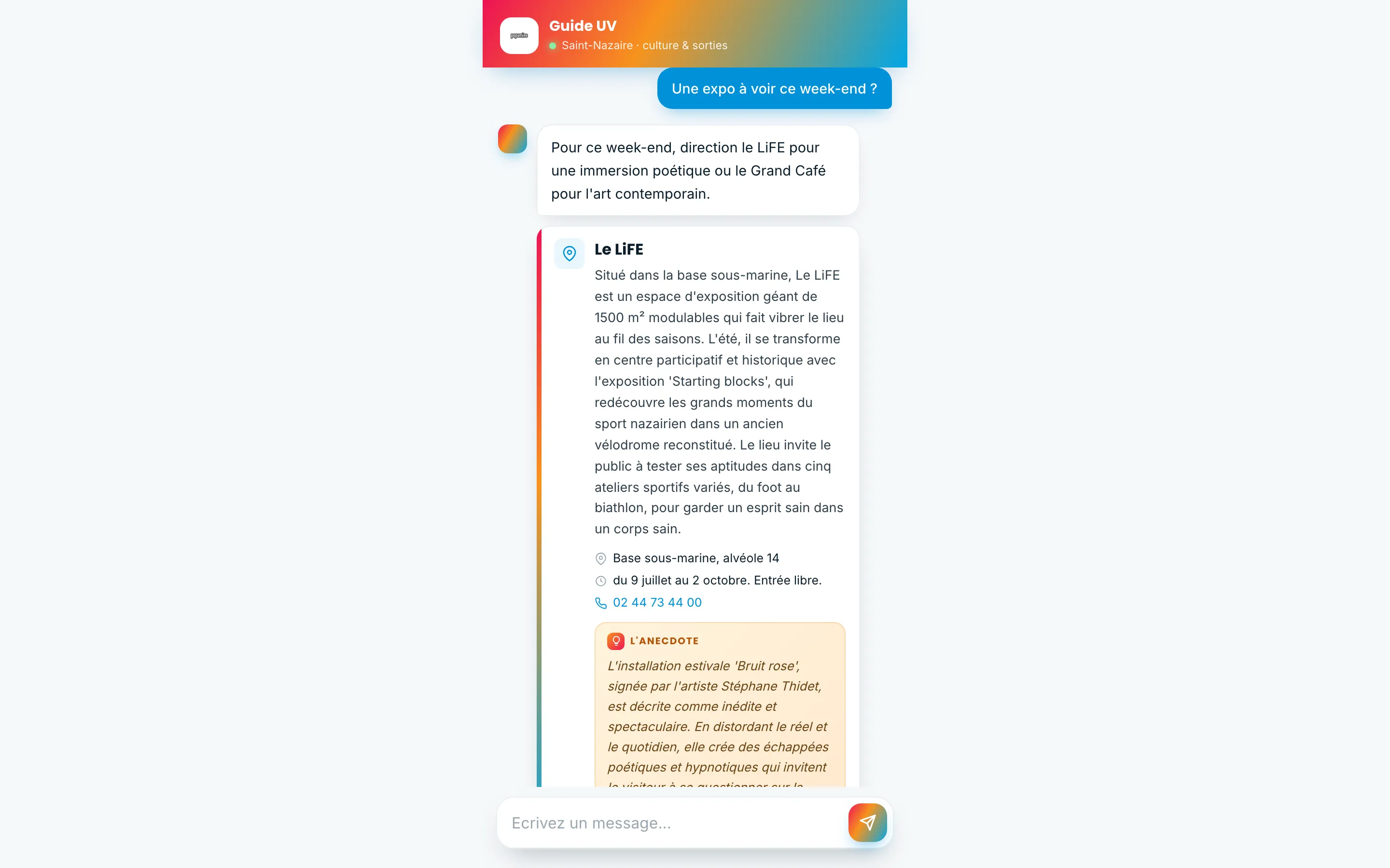 Guide UV sur grand écran : question sur une exposition, réponse avec fiche de lieu et anecdote