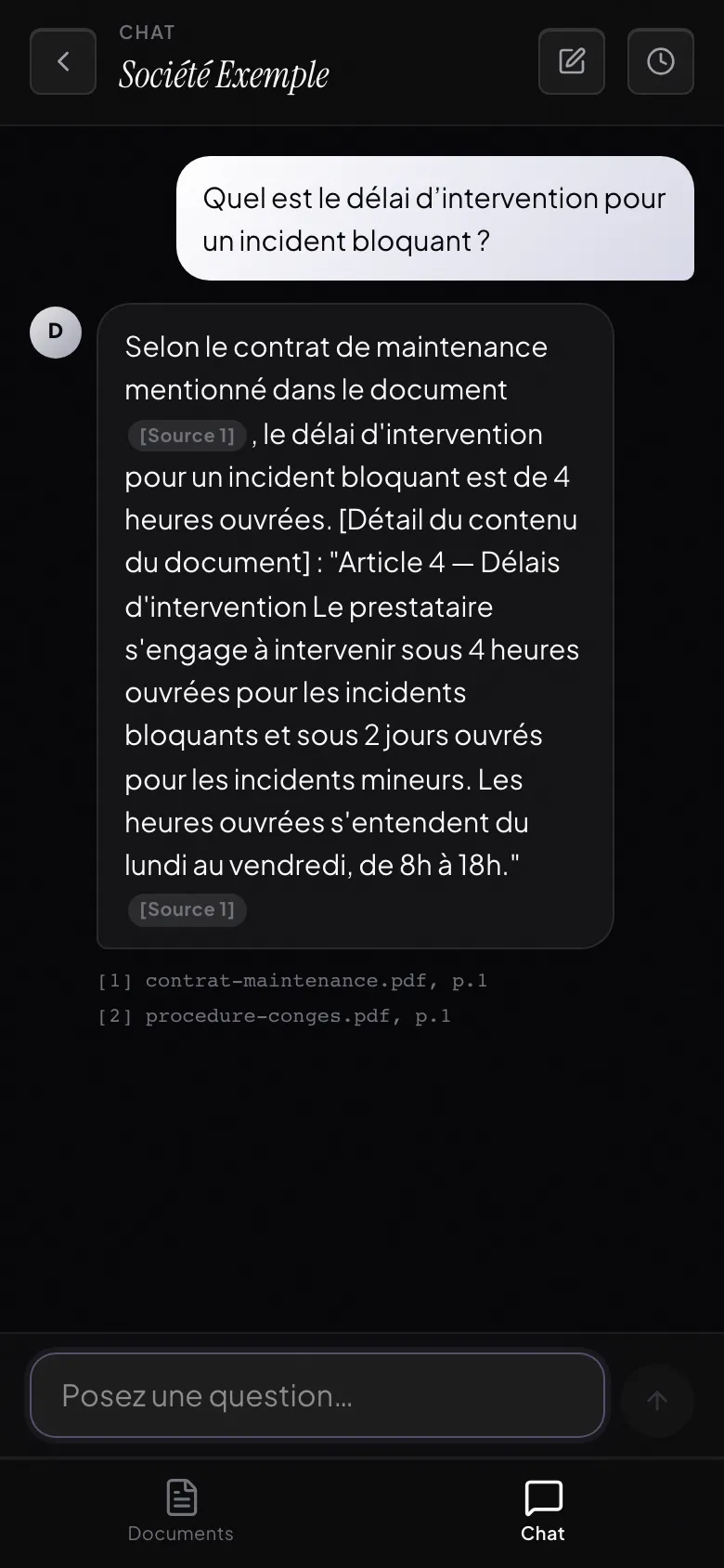 Chat DOXA sur mobile : réponse sur le délai d'intervention avec extrait du contrat et sources