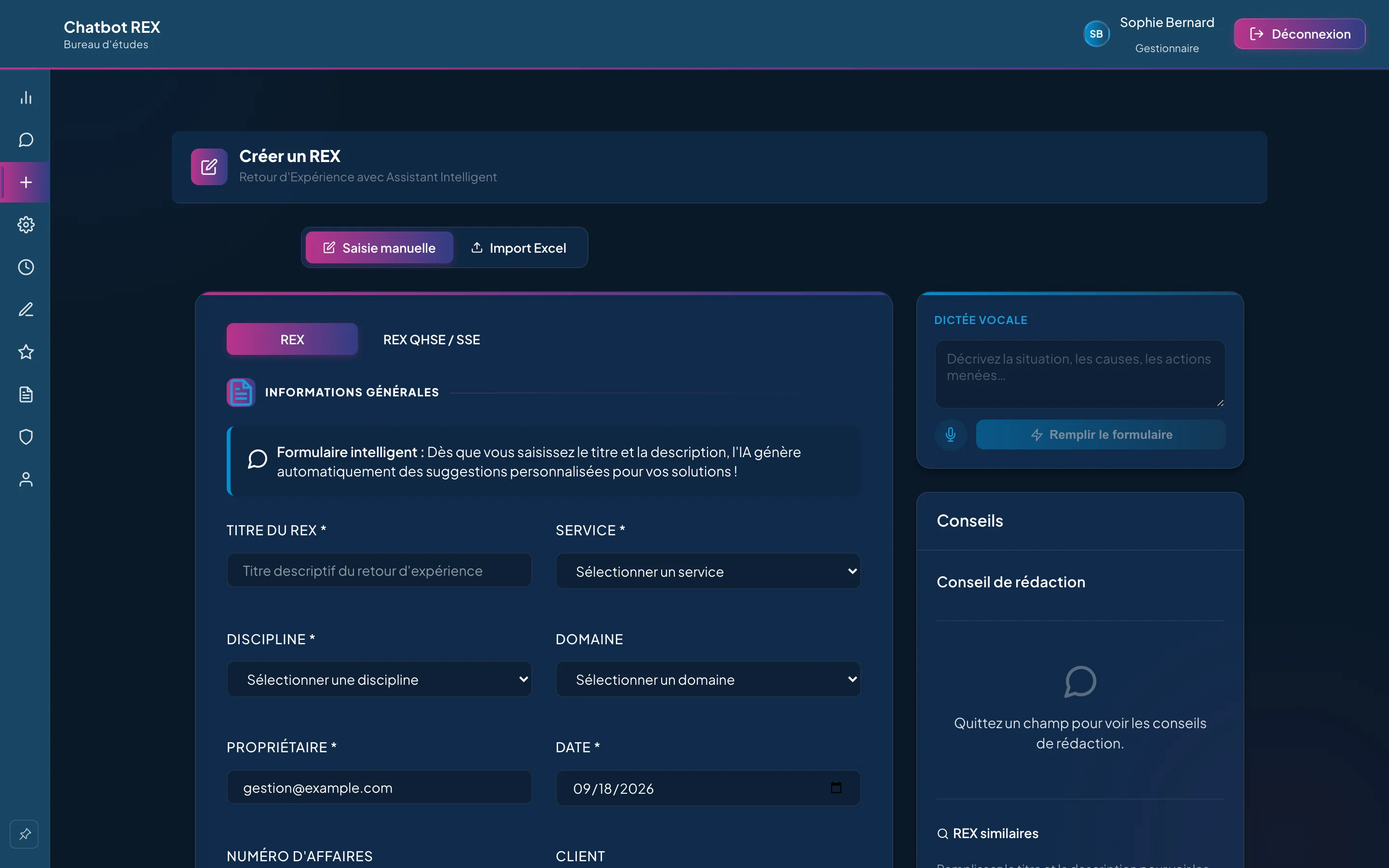 Création d'un REX : formulaire intelligent avec dictée vocale et conseils de rédaction