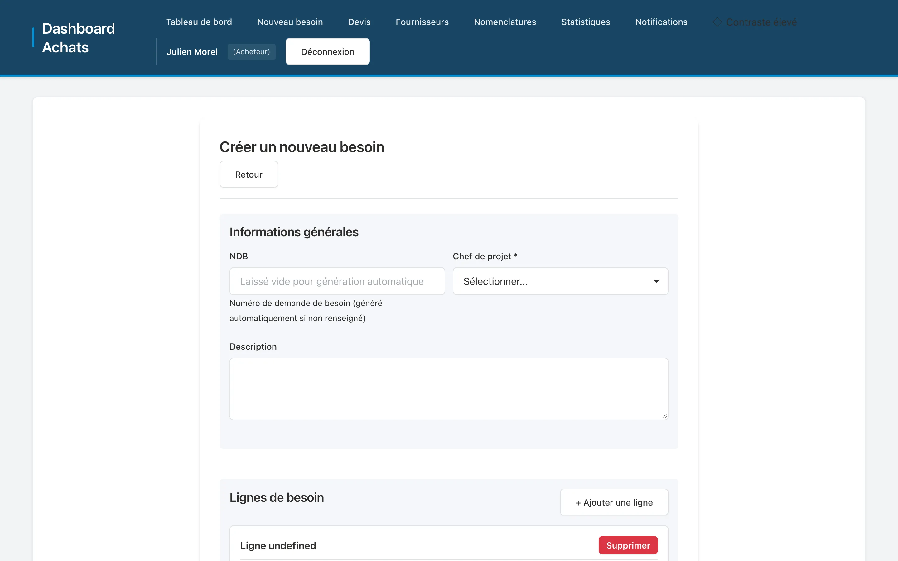 Création d'un besoin : informations générales et lignes de besoin