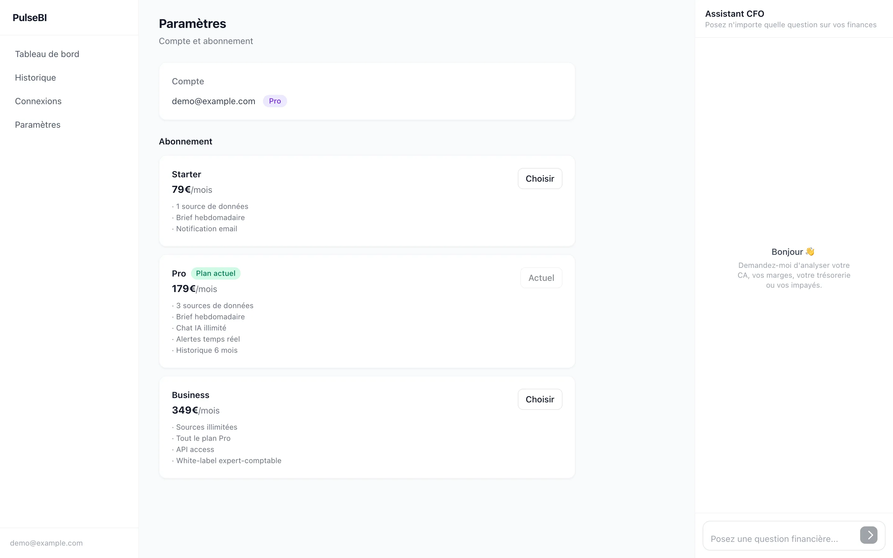 Paramètres PulseBI : compte et abonnement Starter, Pro, Business