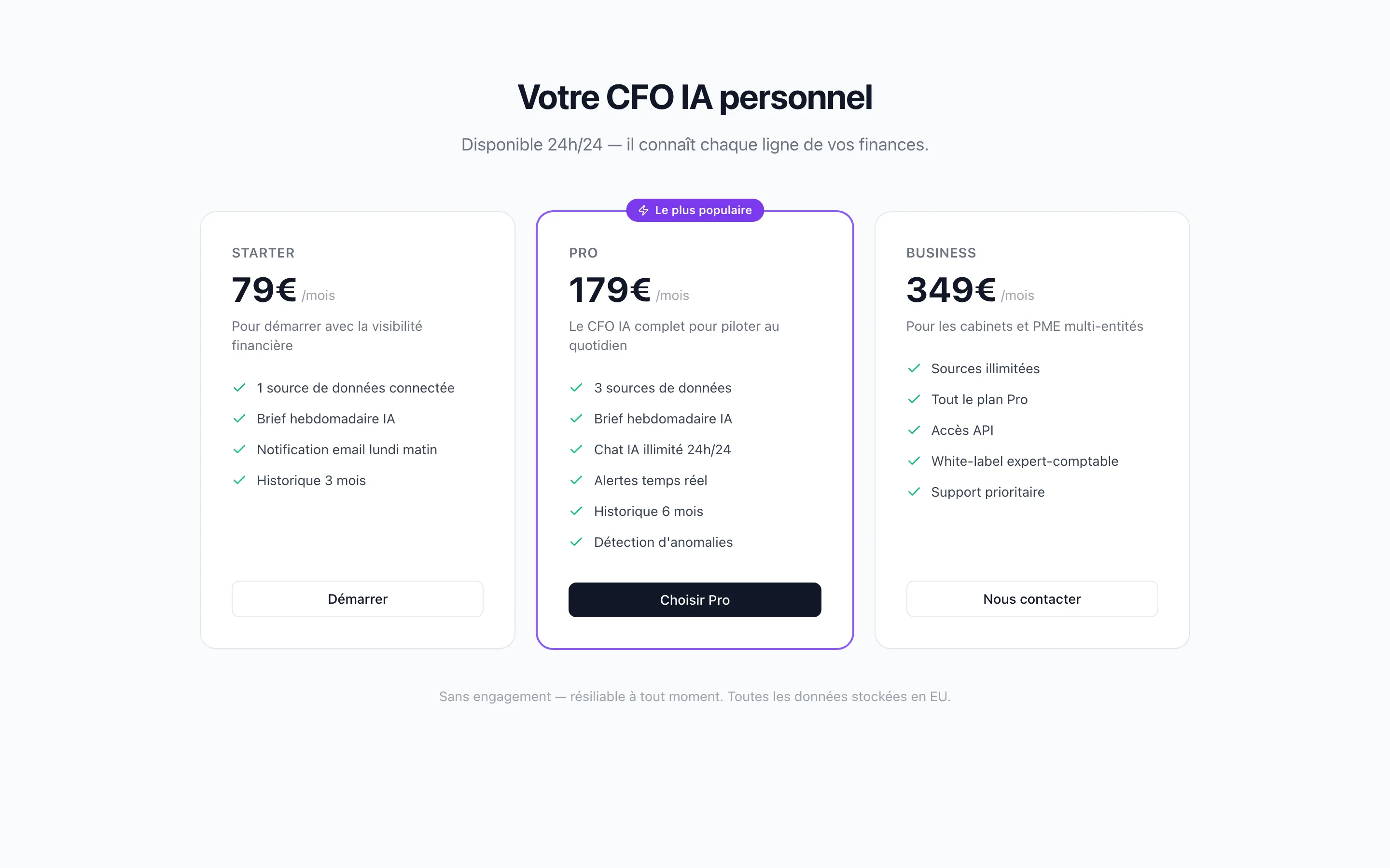 Page de tarifs PulseBI : trois offres de 79 à 349 € par mois